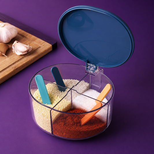 4 Compartments Spice Box | Masala Storage Box | Plastic Kitchen Organizer | Leak-Proof & Reusable